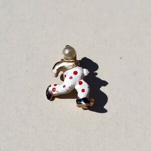 Vintage Gold Tone Enamel Clown Brooch Small White Red Polka Dot Pin Faux Pearl